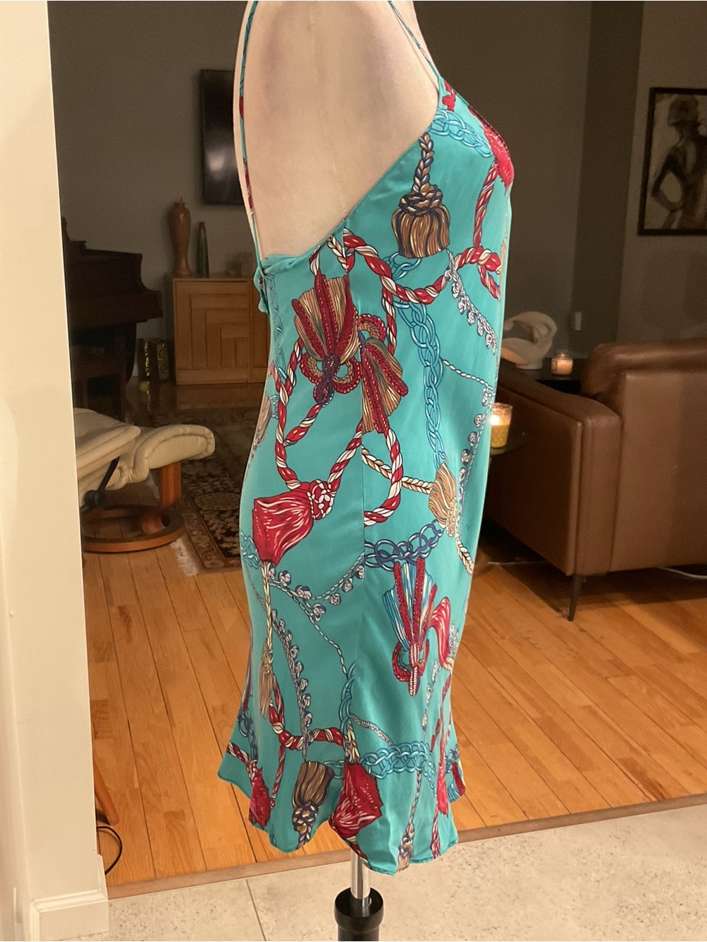 Vintage Gold Label Victoria's Secret Teal Slip Dress with Chain Print - Picture 4 of 6